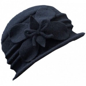 Skullies & Beanies Women 100% Wool Felt Round Top Cloche Hat Fedoras Trilby with Bow Flower - A1 Black - CG185AK9ZC2 $31.22