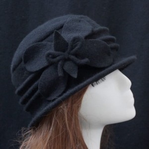 Skullies & Beanies Women 100% Wool Felt Round Top Cloche Hat Fedoras Trilby with Bow Flower - A1 Black - CG185AK9ZC2 $31.22