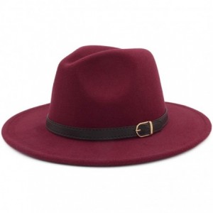 Fedoras Classic Wide Brim Women Men Fedora Hat with Belt Buckle Felt Panama Hat - E Wine Red - CZ18A84OEXL $30.52