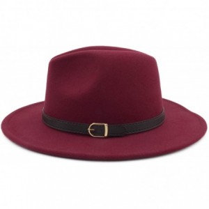 Fedoras Classic Wide Brim Women Men Fedora Hat with Belt Buckle Felt Panama Hat - E Wine Red - CZ18A84OEXL $26.11