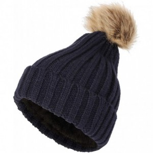 Skullies & Beanies Fleece Ribbed Knit Pom Beanie Winter Hat Slouchy Cap CZP0011 - Navy - CR18KKCQ9Q5 $24.88