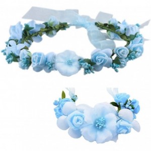 Headbands Flower Crown Wedding Hair Wreath Floral Headband Garland Wrist Band Set - Light Blue - CM185LZZNGS $55.50