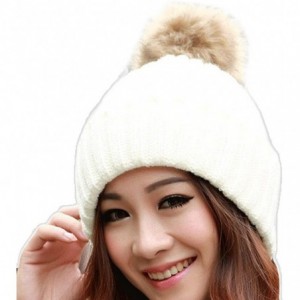 Berets Women Winter Fur Ball Warm Hat Crochet Knitted Wool Cap - White - CJ12N4QVXCN $16.43