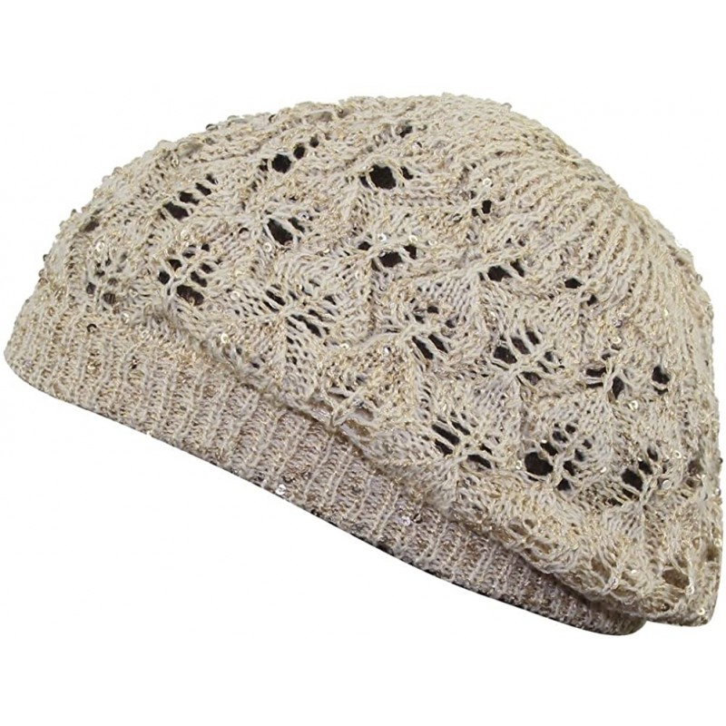 Berets Women Bright Sequins Crochet Braided Knit Beret Baggy Beanie Ski Cap Hat - Beige - CB11ZZ17UOP $18.59