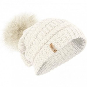 Skullies & Beanies Ladies Textured Knit Beanie HAT with Detachable Faux Fur POM POM - Cream - CF12KTD01JJ $21.36