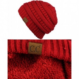 Skullies & Beanies Unisex Chunky Soft Stretch Cable Knit Warm Fuzzy Lined Skully Beanie - Red - CN187GE9S4Z $20.34