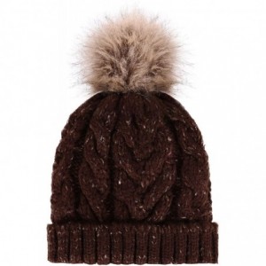 Skullies & Beanies Women's Winter Soft Knit Beanie Hat with Faux Fur Pom Pom - Mix Brown_fleece Lined - CM189C7WLZ0 $22.94