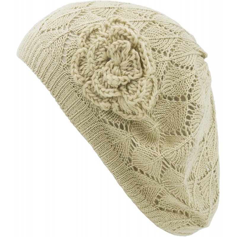 Berets Womens Crochet Flower Beanie Hats Lightweight Cutout Knit Beret Fashion Cap - Beige Diamond Stripe - C812LCQ6TST $27.06