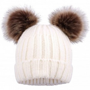Skullies & Beanies Women's Faux Fur Pompom Mickey Ears Cable Knit Winter Beanie Hat - White Hat Coffee Ball - CD18I0ZKE2T $29.12