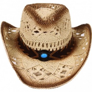 Cowboy Hats Men & Women's Western PU Leather Band Cowgirl Cowboy Straw Hat - Blue Bead - CT18GYS0HEN $45.26