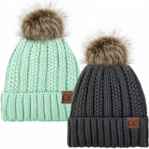 Skullies & Beanies Thick Cable Knit Hat Faux Fur Pom Fleece Lined Cap Cuff Beanie 2 Pack - Dk Melange/Mint - CP1924QSRSU $48.23