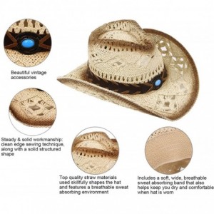 Cowboy Hats Men & Women's Western PU Leather Band Cowgirl Cowboy Straw Hat - Blue Bead - CT18GYS0HEN $48.58