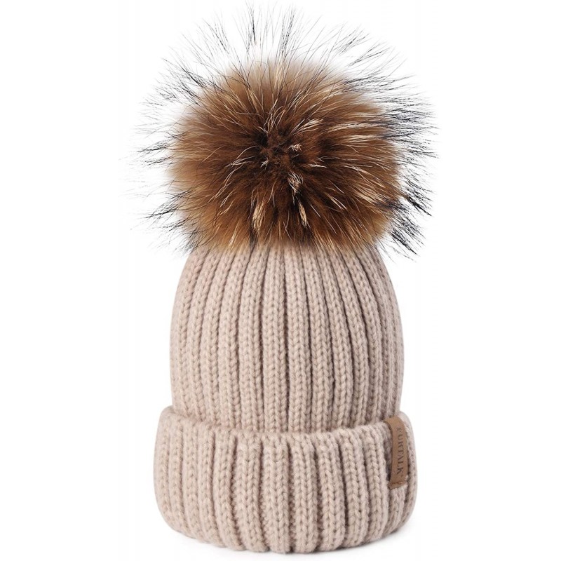 Skullies & Beanies Winter Knit Hat Detachable Real Raccoon Fur Pom Pom Womens Girls Warm Knit Beanie Hat - CP1251TBYE7 $34.55