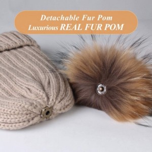 Skullies & Beanies Winter Knit Hat Detachable Real Raccoon Fur Pom Pom Womens Girls Warm Knit Beanie Hat - CP1251TBYE7 $34.55