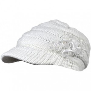 Skullies & Beanies Womens Lady's Winter Cable Knit Visor Hat with Flower Accent - White - C312MZF4TQO $18.97