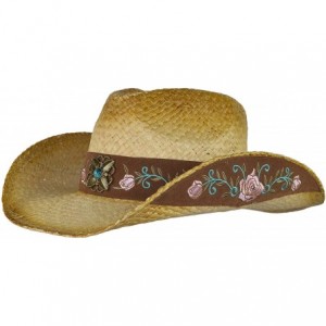 Cowboy Hats Straw Floral Cowboy Hat- Shapeable Flower Embroidered Cowgirl Hat w/Turquoise Concho - CM18RWC2ZEX $72.63