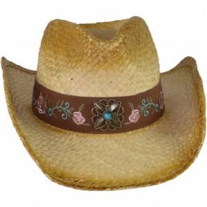 Cowboy Hats Straw Floral Cowboy Hat- Shapeable Flower Embroidered Cowgirl Hat w/Turquoise Concho - CM18RWC2ZEX $64.94