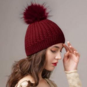 Skullies & Beanies Winter Beanie for Women Warm Knit Bobble Skull Cap Big Fur Pom Pom Hats for Women - 06 Wine Red With Red P...
