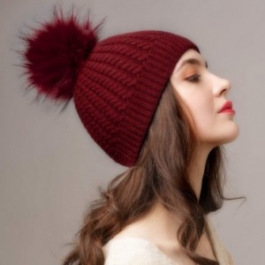 Skullies & Beanies Winter Beanie for Women Warm Knit Bobble Skull Cap Big Fur Pom Pom Hats for Women - 06 Wine Red With Red P...