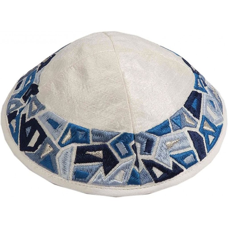 Skullies & Beanies Judaica Blue and Ivory Kippah Embroidered Geometrical Design-Made in Israel - CI11C3NC1ID $32.26