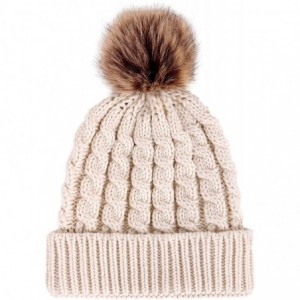 Skullies & Beanies Winter Hand Knit Beanie Hat with Faux Fur Pompom - Cream - CL1820K32UH $28.44