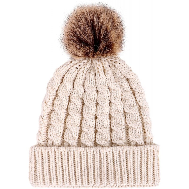 Skullies & Beanies Winter Hand Knit Beanie Hat with Faux Fur Pompom - Cream - CL1820K32UH $25.98