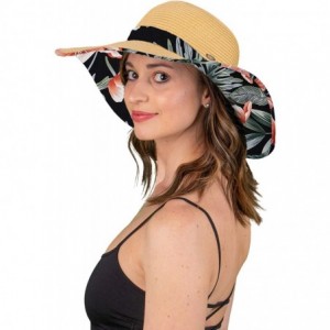 Sun Hats Womens Fabric Patterned Print Brim Adjustable Beach Floppy Sun Hat - Floral - Black - C118QDT8IZ4 $34.47
