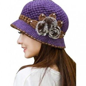 Skullies & Beanies Womens Hat Winter- Beret Cap- Elegant Womens Flower Knit Crochet Beanie Hat Winter Warm Cap - Purple - CM1...
