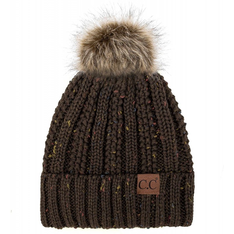 Skullies & Beanies Exclusives Fuzzy Lined Knit Fur Pom Beanie Hat (YJ-820) - Confetti Brown - CT192AEXX4T $32.22