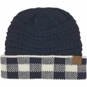 Skullies & Beanies Winter Fall Trendy Chunky Stretchy Cable Knit Beanie Hat - Buffalo Plaid Navy/White - CK18YSYGIDC $23.93