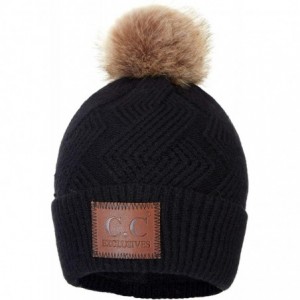 Skullies & Beanies Exclusives Geometric Cable Beanie Hat with Faux Fur Pom (HAT-2298) - Black - CU18S9XL423 $34.03