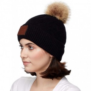 Skullies & Beanies Exclusives Geometric Cable Beanie Hat with Faux Fur Pom (HAT-2298) - Black - CU18S9XL423 $31.05