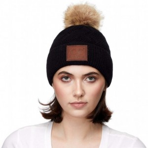 Skullies & Beanies Exclusives Geometric Cable Beanie Hat with Faux Fur Pom (HAT-2298) - Black - CU18S9XL423 $31.05