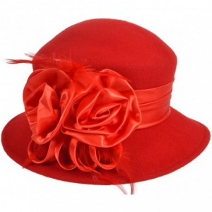 Bucket Hats Women's Wool Church Dress Cloche Hat Plumy Felt Bucket Winter Hat - Floral-red - C218602CXYQ $50.27