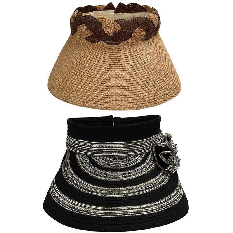 Sun Hats BMC 2pc Roll Up Collapsible Visor Style Straw Hats- Braid + Floral Collection - Deep Camel + Black - C817XWLCIS8 $35.15