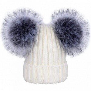 Skullies & Beanies Women's Winter Ribbed Knitted Beanie Hat with Double Faux Fur Pom Pom - White - C71897MN3QY $30.35