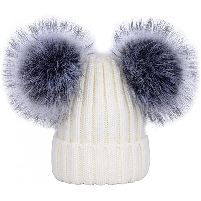 Skullies & Beanies Women's Winter Ribbed Knitted Beanie Hat with Double Faux Fur Pom Pom - White - C71897MN3QY $25.47