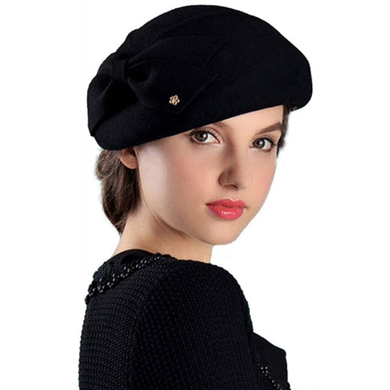 Berets Womens Wool Felt French Berets Bowler Hat Artist Boina Bowknot Cap - Black - CP18H6LCOQU $50.47