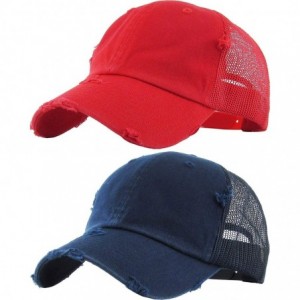 Baseball Caps Women's Adjustable Athletic Trucker Hat Mesh Baseball Cap Dad Hat - 2 Pack - Navy & Red (Distressed) - C918SLGL...