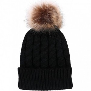 Skullies & Beanies Women's Winter Soft Knit Beanie Hat with Faux Fur Pom Pom - No Fleece Lined_black - C912NDVDFX0 $30.97