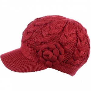 Newsboy Caps Womens Winter Chic Cable Warm Fleece Lined Crochet Knit Hat W/Visor Newsboy Cabbie Cap - Cable W/ Flower Red - C...