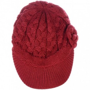 Newsboy Caps Womens Winter Chic Cable Warm Fleece Lined Crochet Knit Hat W/Visor Newsboy Cabbie Cap - Cable W/ Flower Red - C...