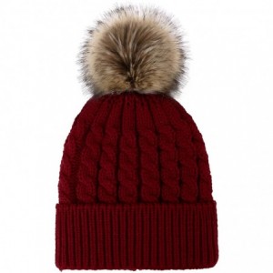 Skullies & Beanies Women's Winter Soft Knit Beanie Hat with Faux Fur Pom Pom - Fleece Lined_burgundy - C018S7SC24X $26.43