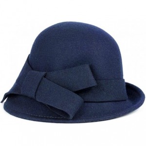 Bucket Hats Women Solid Color Winter Hat 100% Wool Cloche Bucket with Bow Accent - Navy - CL188GQQN5M $40.48