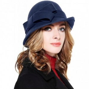 Bucket Hats Women Solid Color Winter Hat 100% Wool Cloche Bucket with Bow Accent - Navy - CL188GQQN5M $40.48