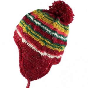 Skullies & Beanies Multi Stripe Knit Pom Pom Handmade Beanie Winter Ski Warm Hat - Red - CB11TJMVOX9 $18.87