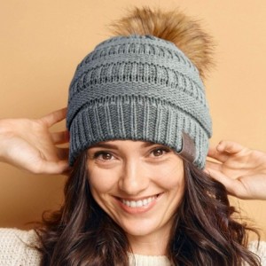 Skullies & Beanies Women Hat Faux Fur Pom Pom Winter Wool Beanie Thick Knit Snow Ski Cable Cap - Grey - CR18L7UCC8M $21.97
