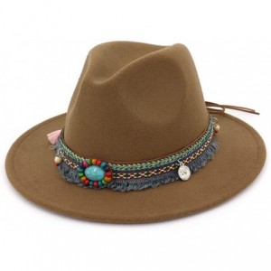 Fedoras Men Women Vintage Felt Fedora Hat Wide Brim Panama Hats with Buckle - Khaki - CW18SR5UE3O $28.74