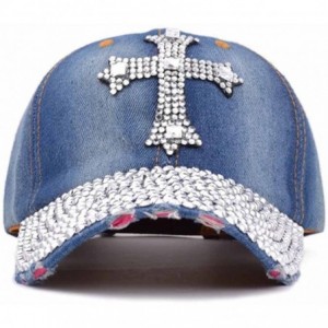 Baseball Caps Jean Snapback Hat Women Men Bling Cross Rhinestones Denim Baseball Cap Dark Blue - CA184YN4IZT $29.78