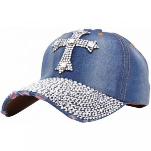 Baseball Caps Jean Snapback Hat Women Men Bling Cross Rhinestones Denim Baseball Cap Dark Blue - CA184YN4IZT $29.78